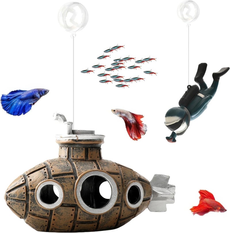 SUPTEC Floating Fish Tank Decoration, LittleCute Retro Submarine AquariumDecoration with Two Float Balls,Resinous Fish Tank Accessorie - Image 1